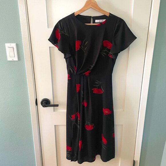 Just Fab Womens Black Floral Midi Dress Ruched Waist Detail Size XS - Picture 1 of 9